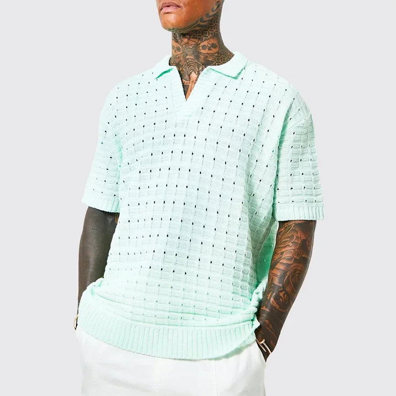 Men's Elastic Loose T-shirt Sweater Men's Knitted Short Sleeve Casual T-shirt Men's V-neck T-shirt Men's
