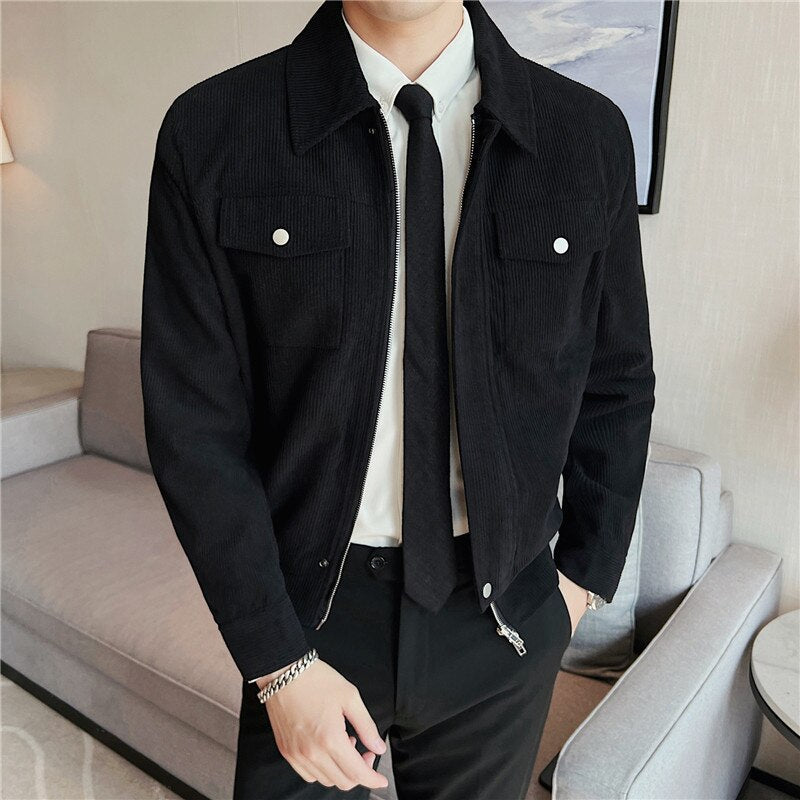 Autumn Winter Corduroy Jacket Men Lapel Short Bomber Jacket Fashion Business Casual Coat Social Streetwear Outwear Men Clothing