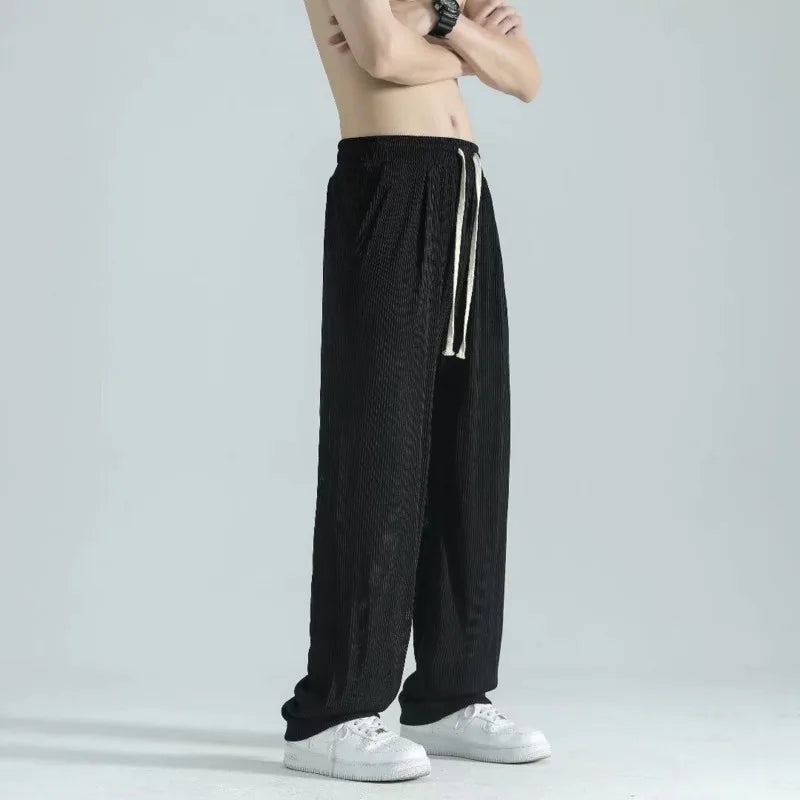 saferido Summer Pleated Pants Men Fashion Oversized Casual Ice Silk Pants Mens Japanese Streetwear Loose Straight Pants Mens Trousers