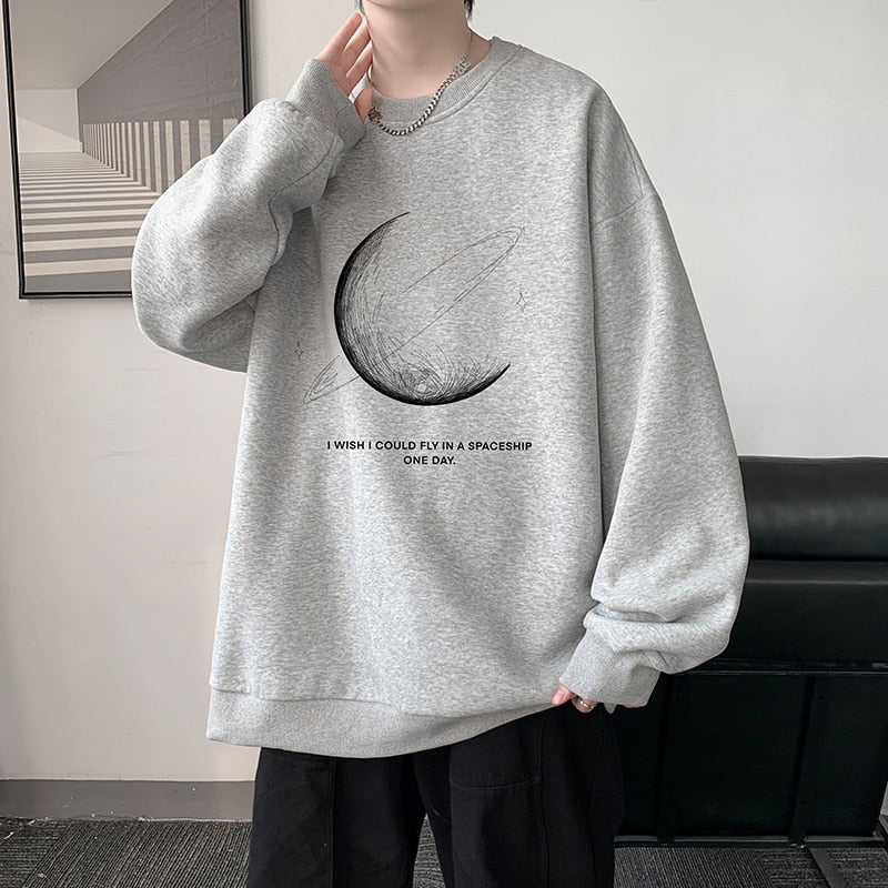 Winter Warm Sweatshirts New Men Simple Stroke Moon Graphic Pullovers Oversized Korean Style Man Letter Print O Neck Tops