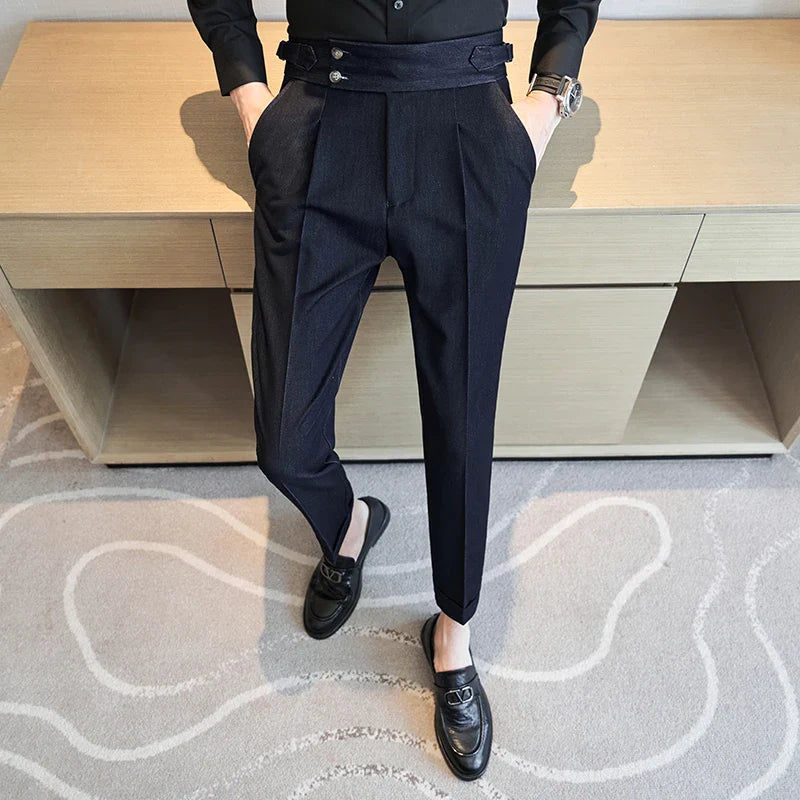 saferido Men Spring Summer Belt Decoration Casual Ankle Length Pants Fashion Slim Fit Suit Pants Streetwear Social Business Trousers