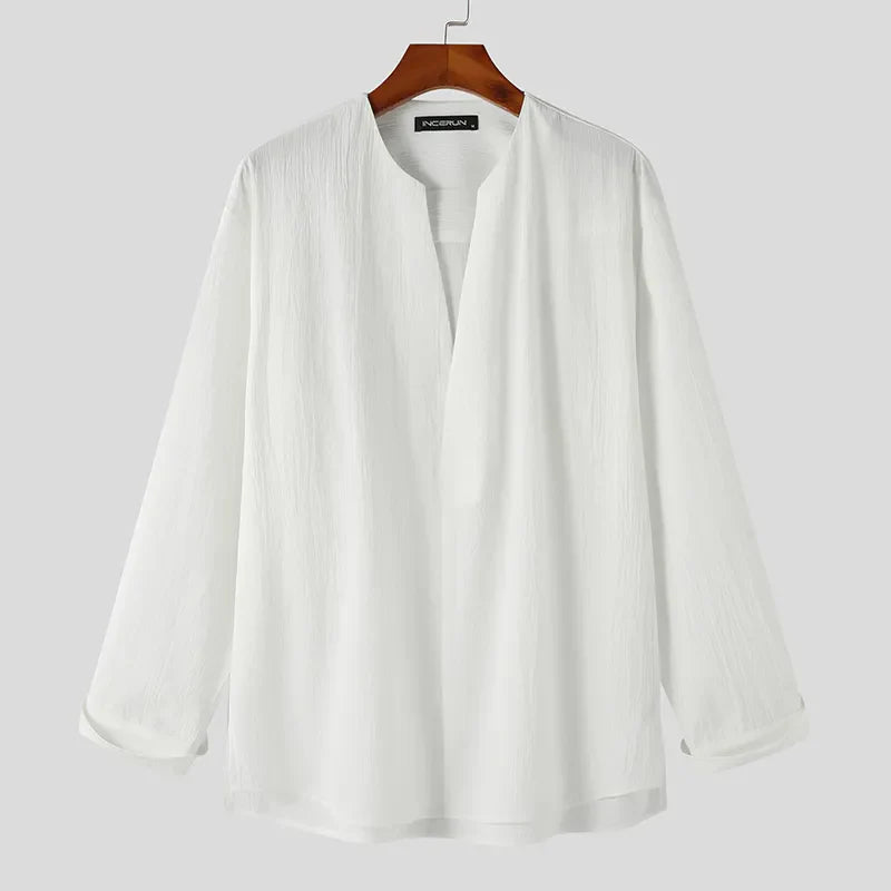 Fashion Men Shirt Solid Color Loose V Neck Long Sleeve Men Clothing Streetwear Korean Style Casual Shirts Men S-5XL