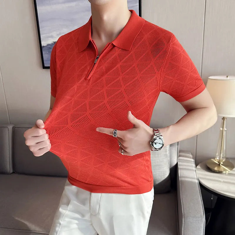 saferido Korean Style Men's Summer Casual Knitted Polo Shirts/Male Slim Fit Fashion Zipper Design Hollow Out Polo Shirts S-3XL