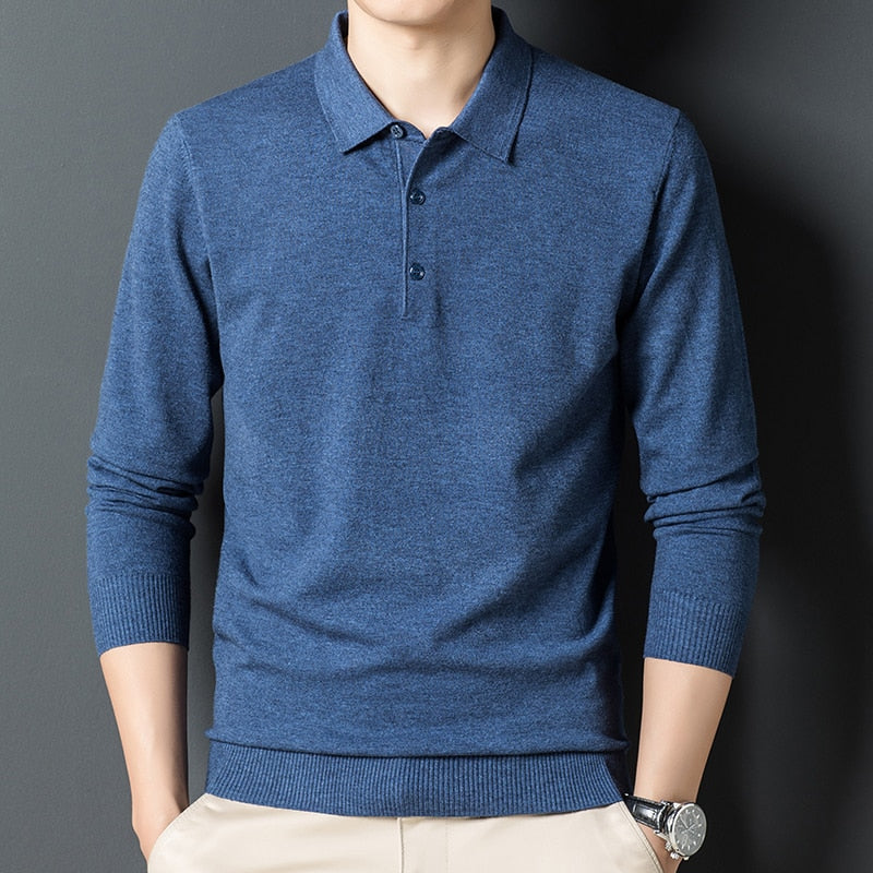 Autumn New Men's Solid Color Lapel Wool Sweater Classic Style Business Long Sleeve Thin Knit Sweater Male Brand Clothes