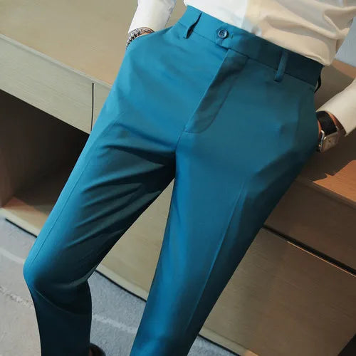 saferido Men Spring Summer Belt Decoration Casual Ankle Length Pants Fashion Slim Fit Suit Pants Streetwear Social Business Trousers
