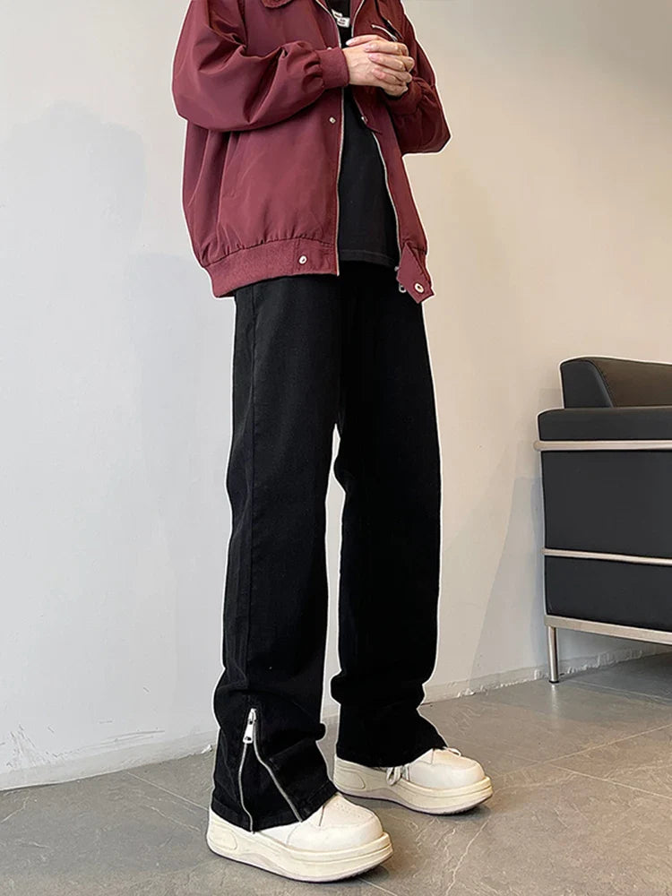 saferido American high street vibe jeans, men's trendy straight leg pants, thin and high-end slim fitting workwear, zippered pants,2024