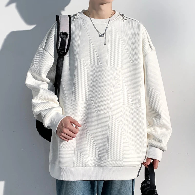 saferido Solid Color Classic Casual Sweatshirt Korean Loose Large Size Unisex Style Couple Round Neck Tops College Style Long Sleeve Tops