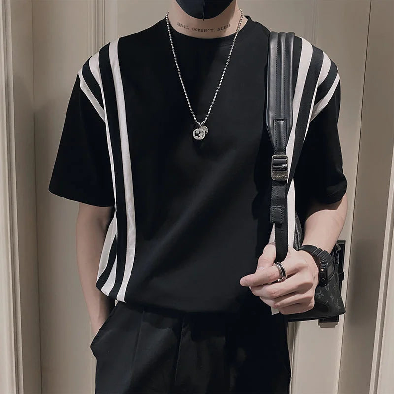saferido Summer Men's Social Simple Fashion T Shirts Korean Style Round Neck Stripe Printing Tshirts Short Sleeve Black T-shirt