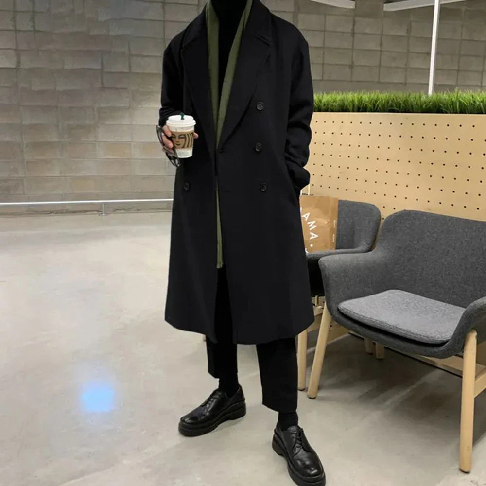 saferido Mens Double-Breasted Mid-Length Coat Autumn Winter Genderless Korean Style Fashion Commuter Thickened Elegant Retro Coat Unisex