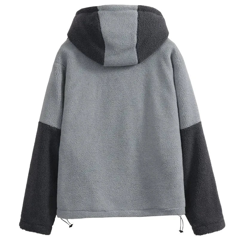 Hip Hop Fleece Fluffy Hooded Jacket Streetwear Harajuku Fuzzy Plush Patchwork Zipper Thick Warm Coats Fashion Loose Jacket