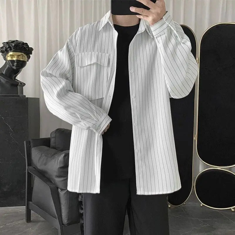 New Spring and Autumn Fashion Hong Kong Style Polo Neck Stripe Casual Loose Fashion Versatile Long Sleeve Men's Thin Shirt