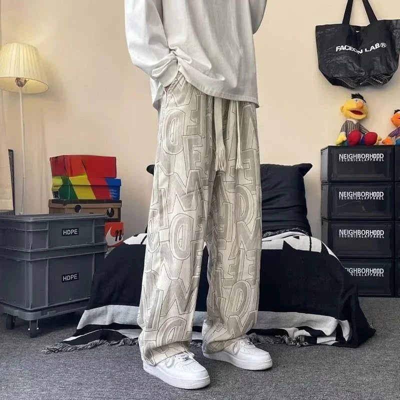 saferido American Casual Pants Men High Street Corduroy Letter Printed Loose Wide Leg Solid Color Spring and Autumn Sports Pants Male