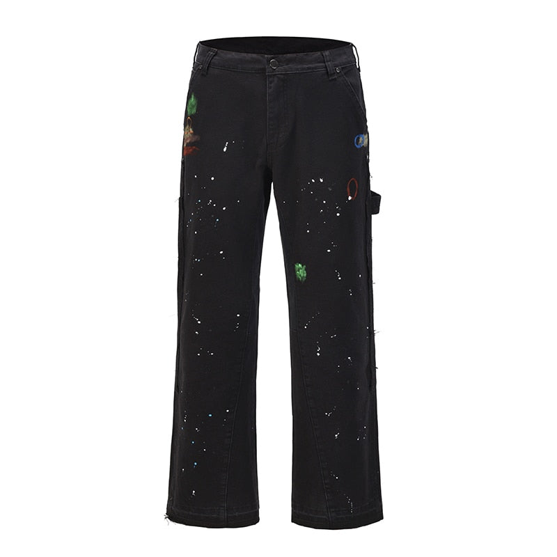 High Street Retro Ink Splash Patchwork Ripped Jeans Flare Pants Men and Women Straight Casual Oversized Loose Denim Trousers
