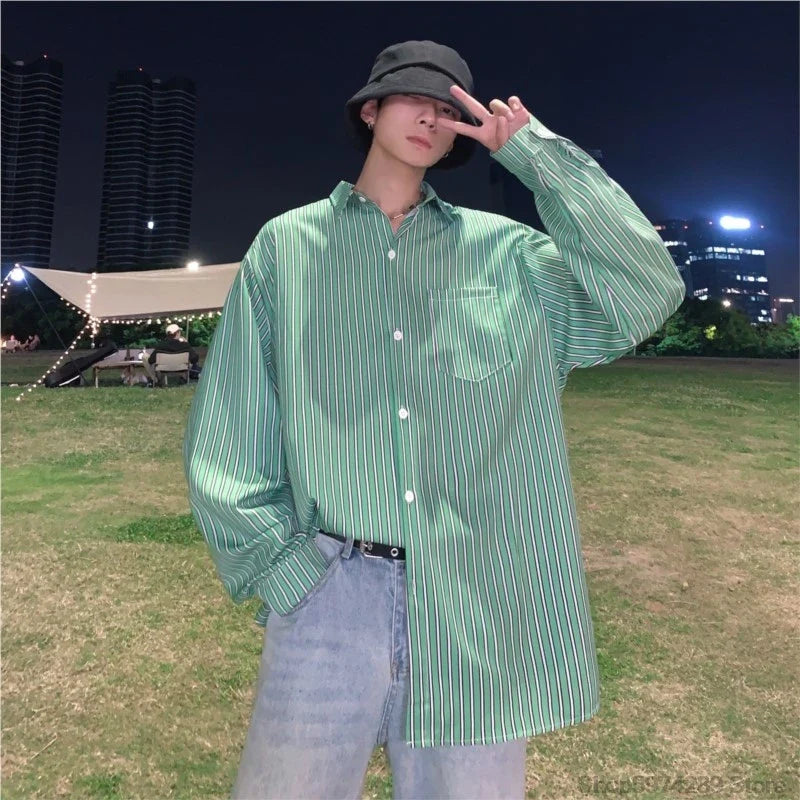 saferido Striped Loose Causal Long Sleeve Shirts Man Button Handsome Turn-down Collar Spring Autumn Office Men's Clothing Green