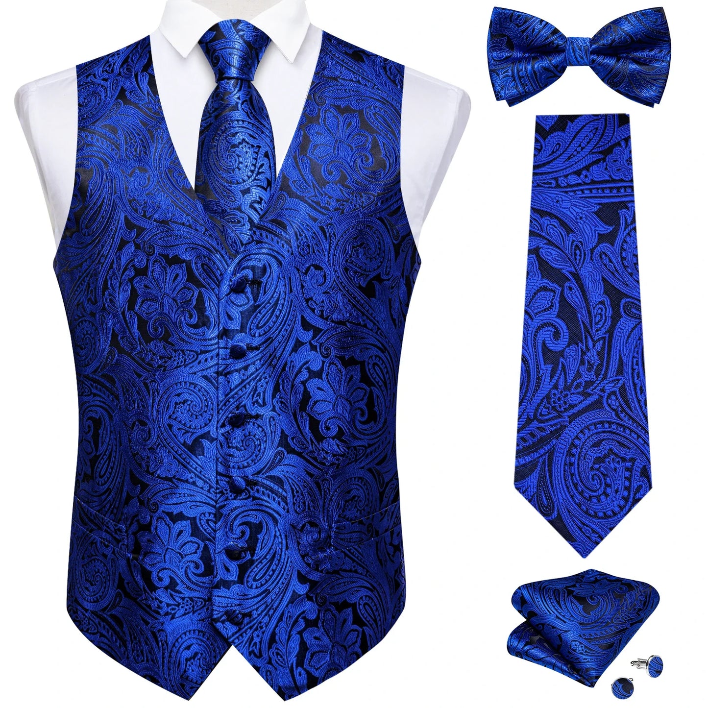 Men Black Paisley Vest Necktie Bowtie Pocket Square Cufflinks Dress Set Classic 5 PCS Business Waistcoat for Man