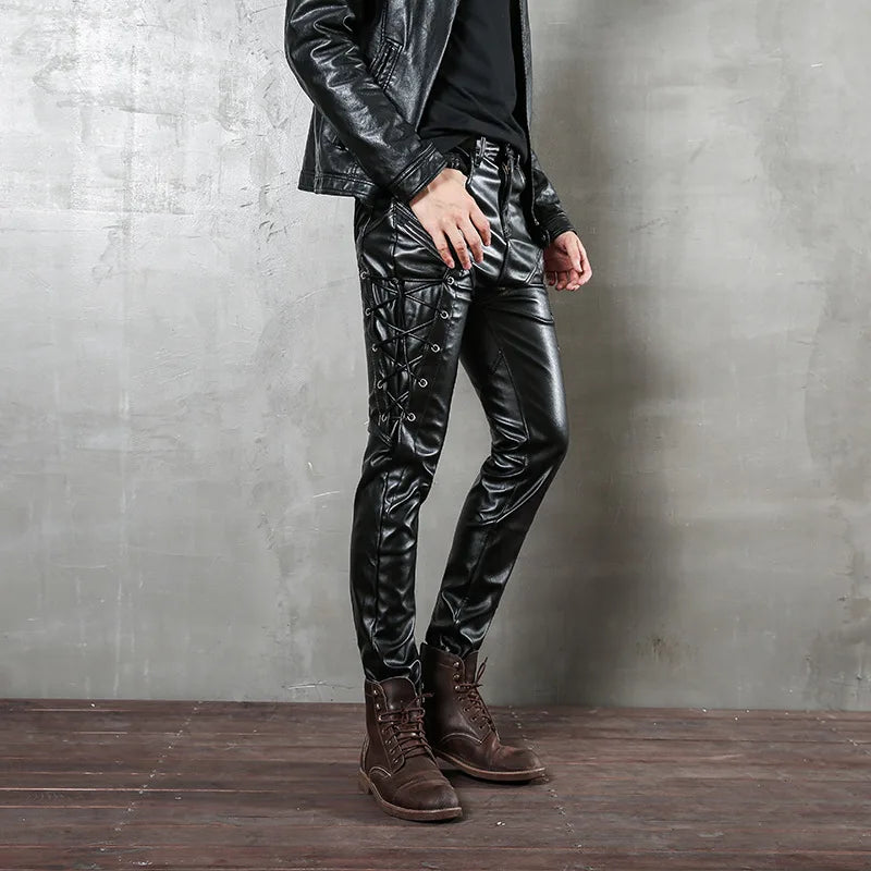 saferido 2024 PU leather men's black leather rope plus velvet leather pants punk style men's motorcycle pants slim fit personality simple