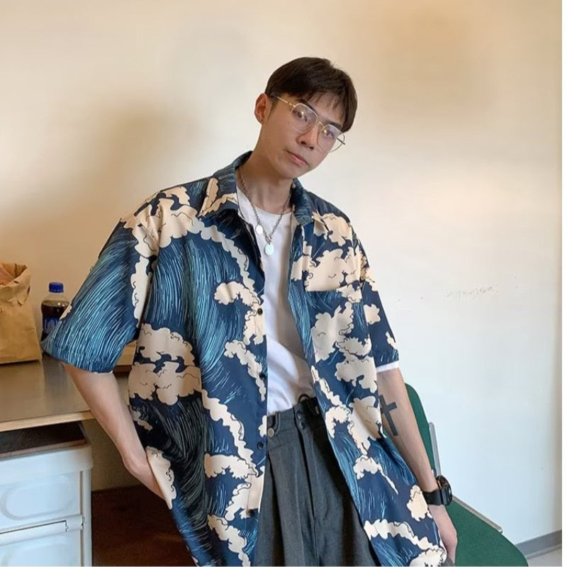 Couple Japanese Shirt Harajuku Oversized Short Sleeve Shirt for Men Women Hawaiian Print Flower Shirt Geometric Streetwear