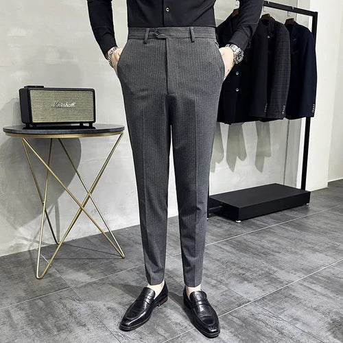 saferido Korean style Fashion Striped Suit Pants for Men Formal Business Dress Pants Korean Slim Fit Classic Casual Trousers 36 38