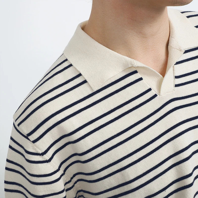 Summer Men's Clothing Light Luxury Knitted Polo Shirt Leisure Striped V-Neck Solid Color Short Sleeve Fashion Retro Knitwear