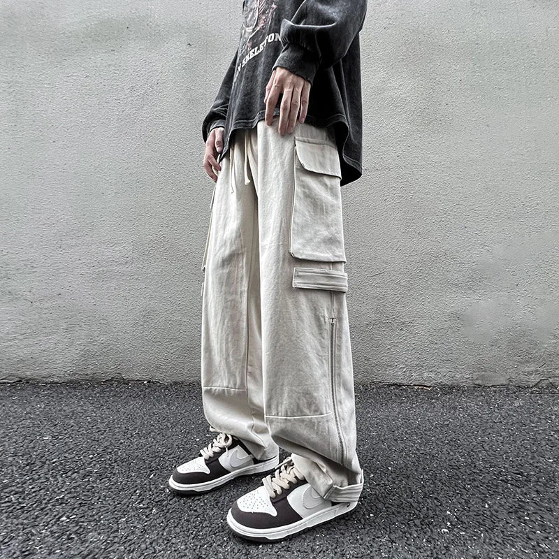 saferido American straight tube workwear pants for men, autumn trendy high street logging wide leg pants ruffled and handsome loose