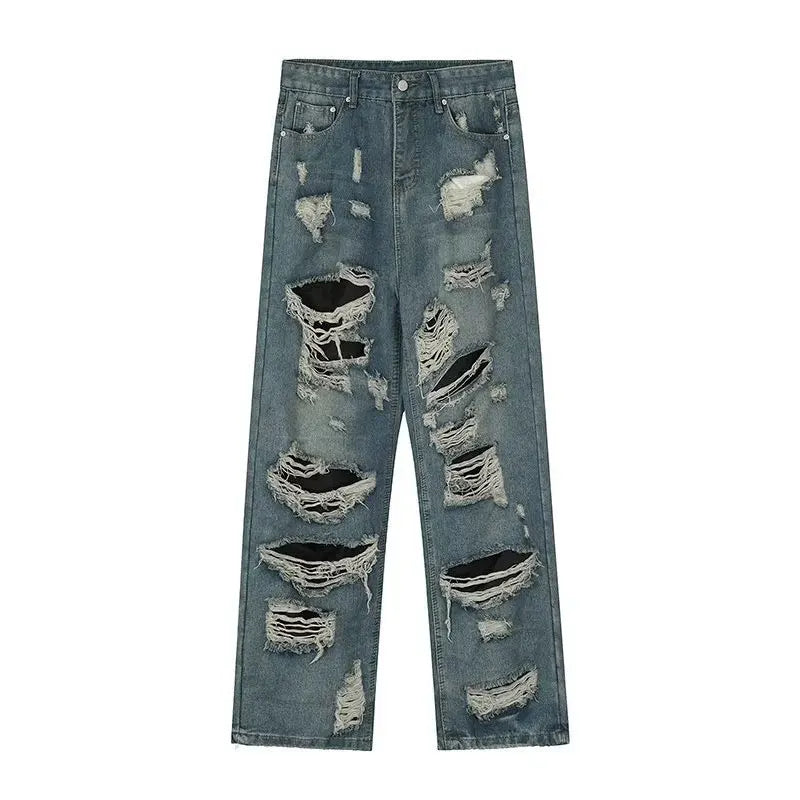 Straight Hole Beggar Zipper Long Pants Men Solid Streetwear High Waist Jeans Trousers Male Autumn Fashion Men's Clothing