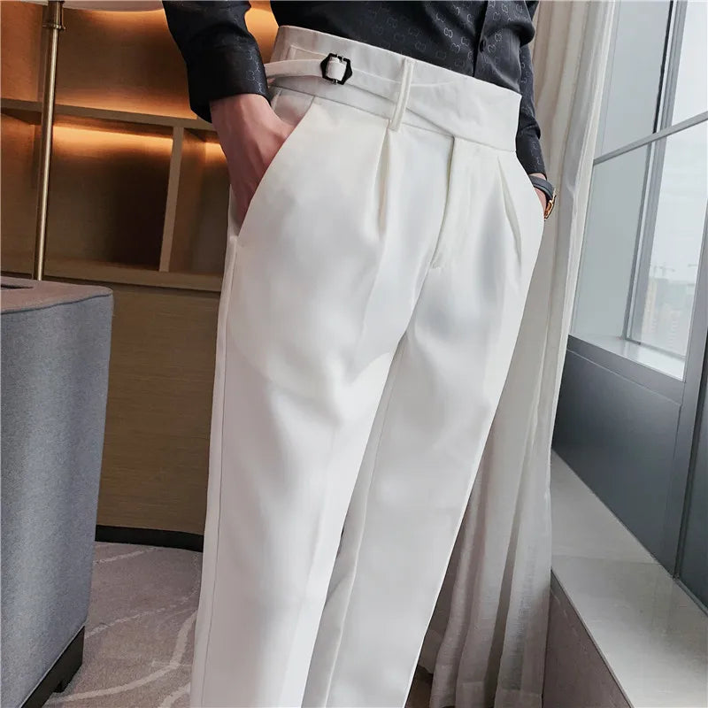 saferido Men Spring Stylecasual Nine Cent Trousers/Male Slim Fit High-grade Pure Cotton Stripe Suit Pants Black Gray