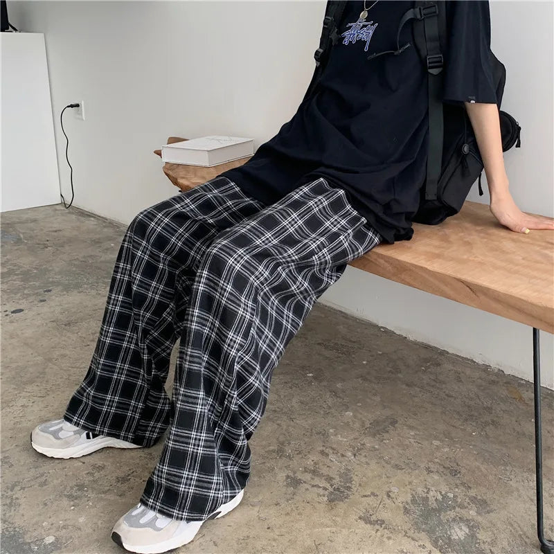 saferido Spring Men Pants Black Women Plaid Trousers Casual Oversize Loose Wide Leg Trouser Harajuku Hip-hop All-match Streetwear S-4XL