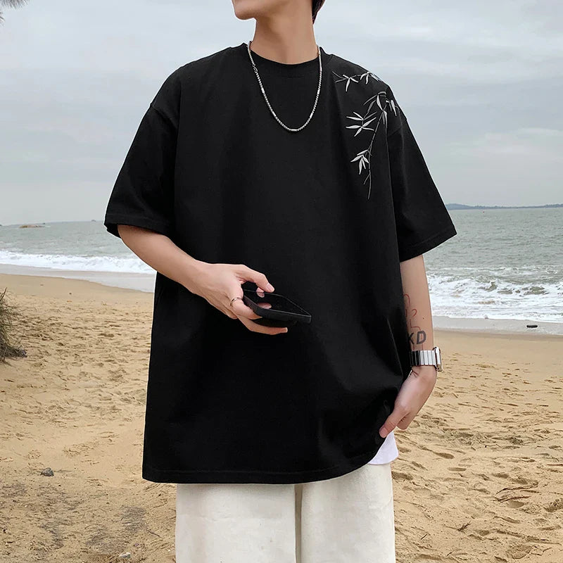 saferido Bamboo Embroidered T Shirt Men Harajuku Streetwear T-Shirts Summer Short Sleeve Black White Loose Casual Tshirt Tees Top