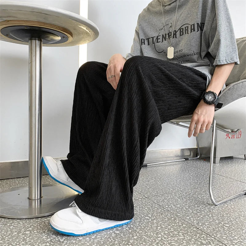 saferido Summer Ice Silk Pants Men Fashion Oversized Wide Leg Pants Men Japanese Streetwear Hip Hop Loose Pleated Pants Mens Trousers