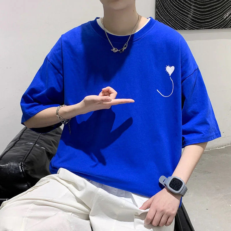 saferido Korean Style Summer Men's Short Sleeved Fashion T-shirt Loose Top Printing Cotton Clothes Tshirts Round Neck T Shirts M-2XL
