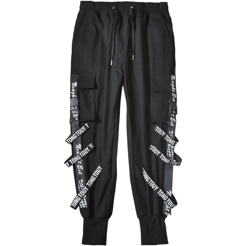 saferido Techwear Cargo Pants Men Joggers Black Cargo Trousers for Men Jogging Japanese Streetwear Hip Hop Hippie Gothic Ribbon