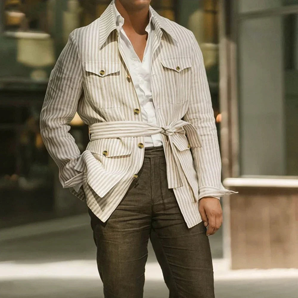 saferido Mens Casual Streetwear Striped Long-sleeved Shirt 2024 Spring Summer New Fashion Button Pocket Lace-up Mid-length Shirt for Men