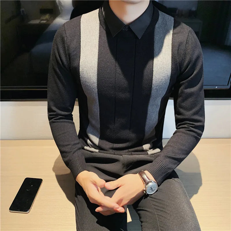 saferido Korean Style Men Keep Warm In Autumn Fake 2 Pieces Shirt Collar Knit Sweaters/Male Slim Fit Stripe Fashion Casual Knit Pullover