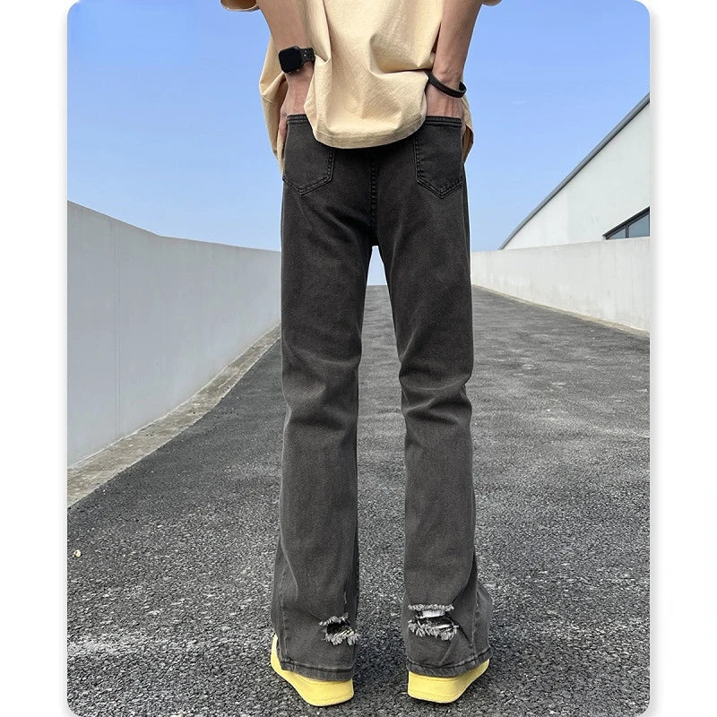 saferido American High Street Vibe Micro Flared Pants Men Stretch Ripped Jeans Loose Fashion Straight Streetwear Fall Guys Black Jean Men