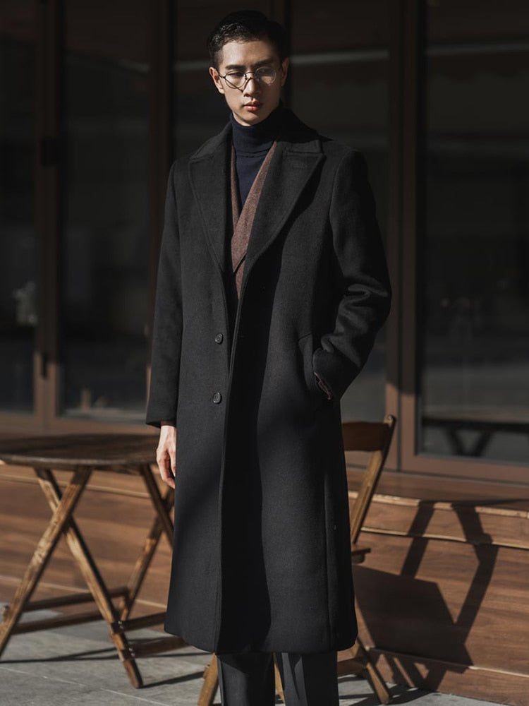 Autumn Winter Long Warm Black Trench Coat Men Single Breasted Luxury Wool Blends Overcoat High Quality Clothing