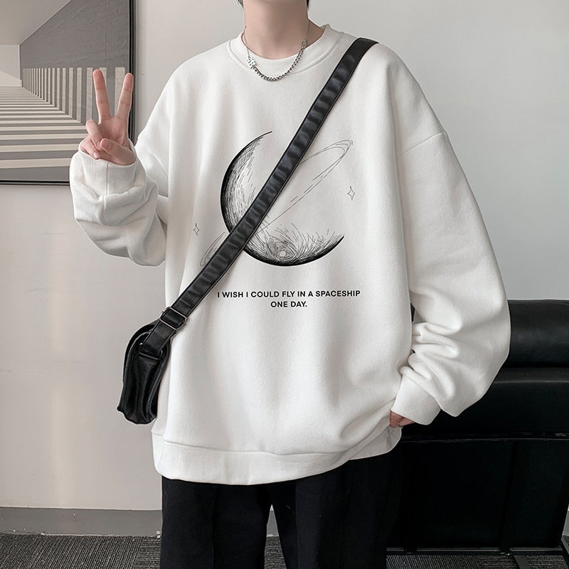 Winter Warm Sweatshirts New Men Simple Stroke Moon Graphic Pullovers Oversized Korean Style Man Letter Print O Neck Tops