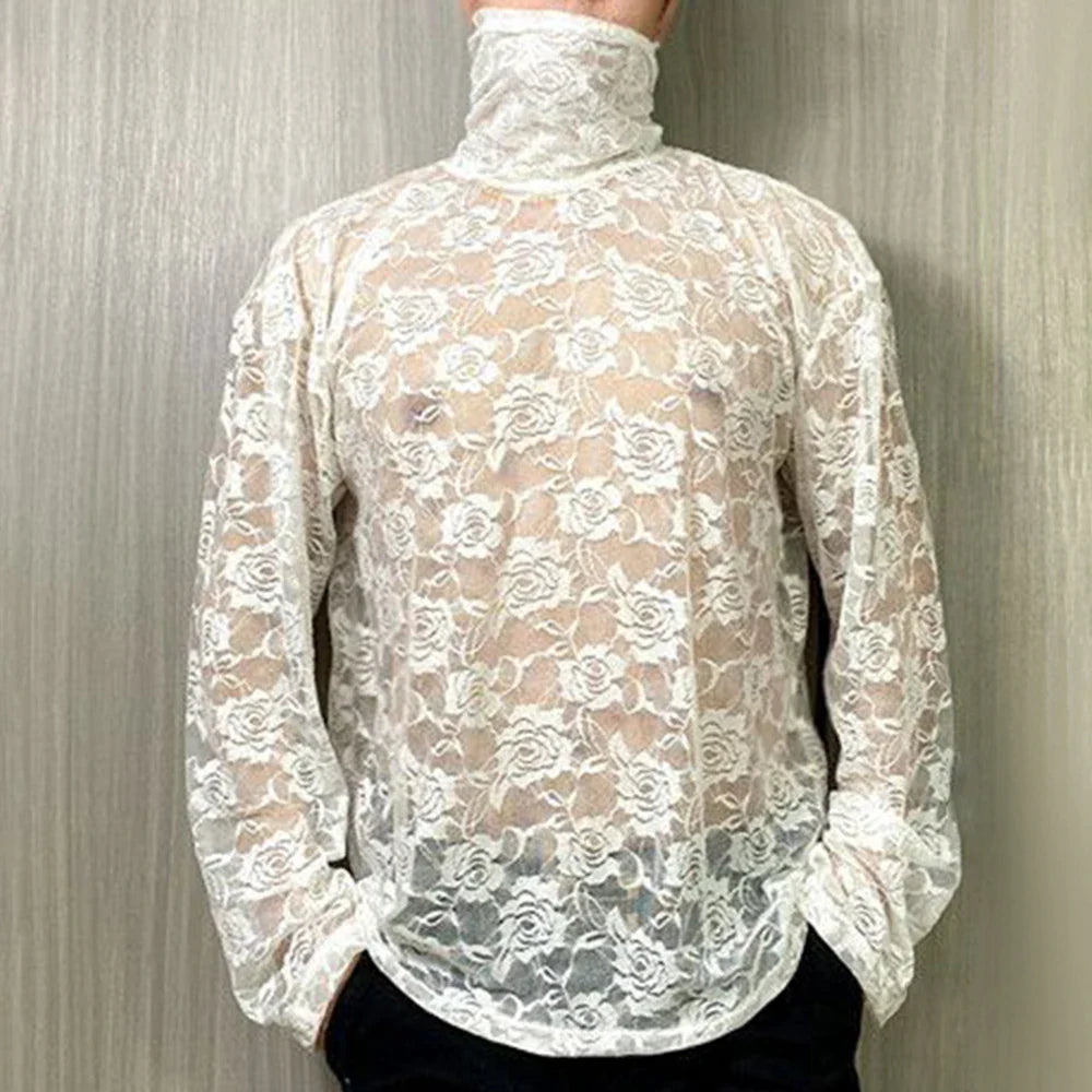 saferido Mens Spring Autumn Lace Transparent Sexy Rose High Neck Long Sleeve T-Shirt Genderless Hollow Breathable Jacquard Top Unisex