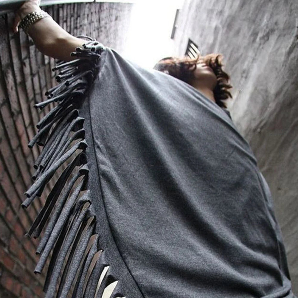 saferido 2024 New Men T Shirt Tassel Solid Color Cloak Punk Style Streetwear Fashion Irregular Tops O-neck Loose Casual Cape Camisetas