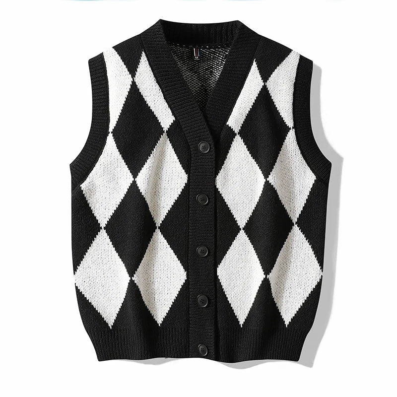 Men's Plaid Sweater Vest Sleeveless V-Neck Button Cardigan Vest Fashion Office Knitted Vest Classic Fit Tank Tops