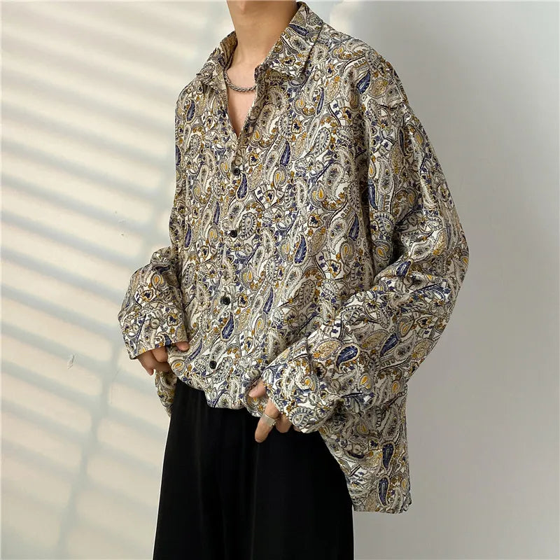 saferido Spring Summer New Cashew Flower Print Shirt Korean style Loose Casual Long-sleeved Tee Tops All-Match Blouse Men