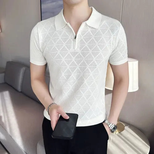 saferido Korean Style Men's Summer Casual Knitted Polo Shirts/Male Slim Fit Fashion Zipper Design Hollow Out Polo Shirts S-3XL