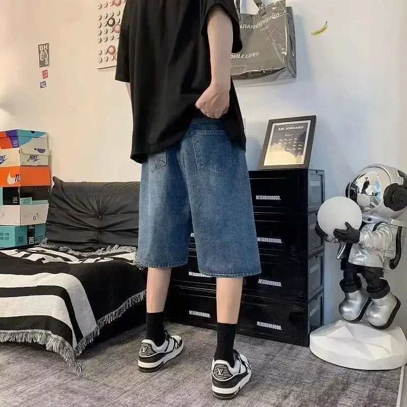 saferido Mens Y2k Casual Sports Denim Shorts 2024 Spring Summer New Genderless Streetwear Simple Solid Color Loose Jeans with Belt Unisex
