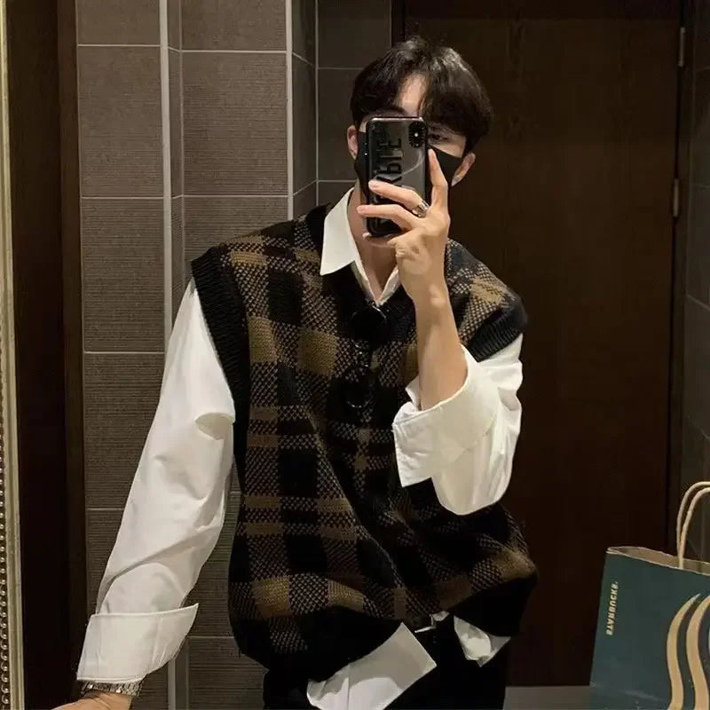 saferido Knitted Sweaters for Men Plaid V Neck Man Clothes Waistcoat Sleeveless Vest Casual Korean Autumn Y2k Streetwear Elegant