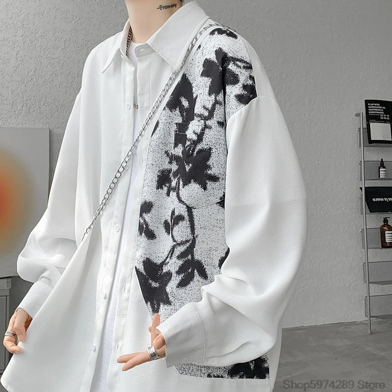 saferido Spring Autumn Long Sleeve Print Shirt Man Black/White High Street Fashion Casual Button Patchwork Harajuku All-match Blouse