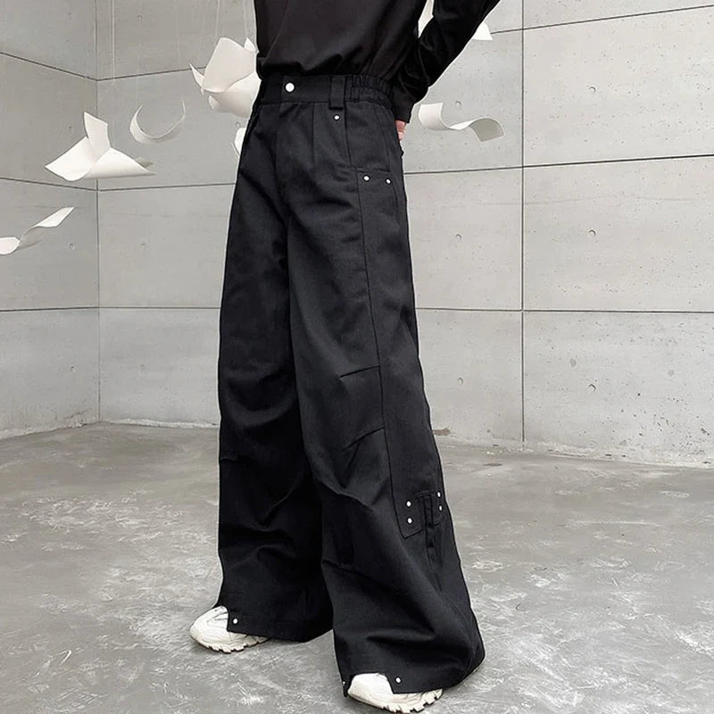 Men Pants Darkwear Pleats Loose Wide Leg Trousers Trend Solid Color New Autumn Fashion Pocket Male Japanese