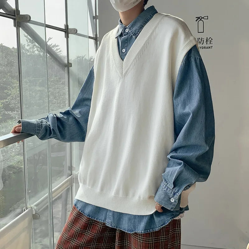 saferido Men Sleeveless Vest V-Neck Knitted Sweater Spring Autunm Solid Oversized Baggy Tops Ins Fashion Streetwear Vintage Y2K Clothes