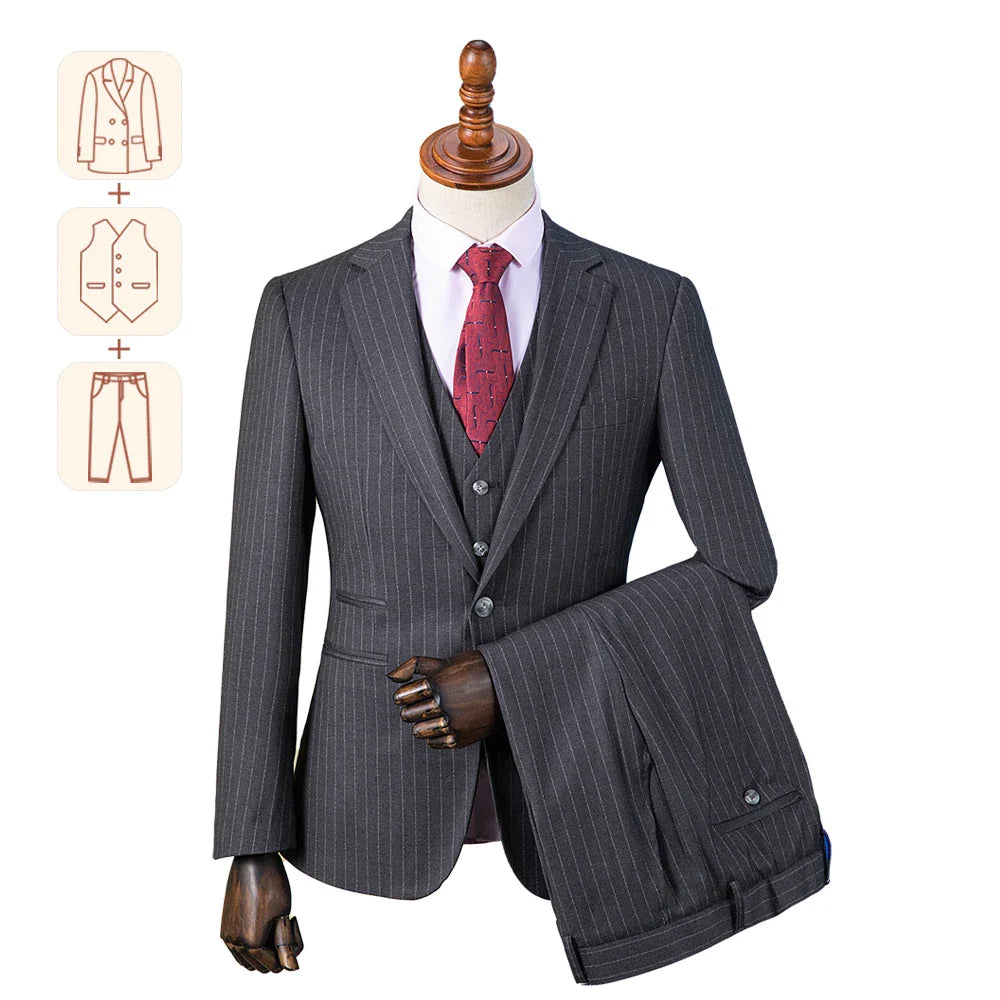 saferido Premium Suit British Striped for Men's Business Formal Dress, Wedding, and Groom, Slim-fit Coat Vest & Pants