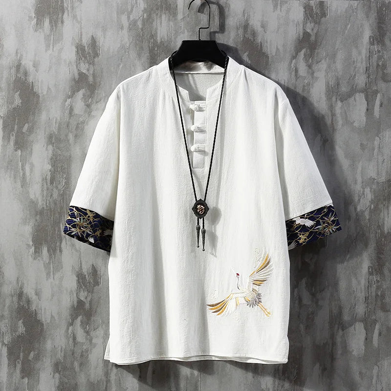 saferido Chinese Style Disc Button Linen T-shirt Mens Summer Short-sleeved Tang Shirt Loose Large Size T-shirt Japanese Kimono Men New