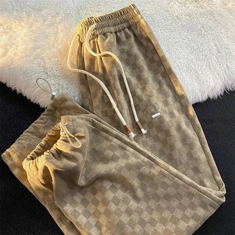 saferido Spring Autumn Plaid Printing Straight Pants Man Street Loose Casual Wide Leg Trousers Korean Style Motion Men's Clothing