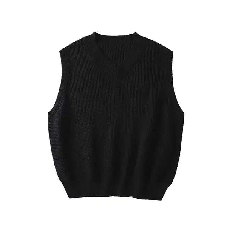 saferido Men's Clothing Solid Color Vest V Neck Waistcoat Knit Sweater Male Plain Blue Baggy Sleeveless Korean Style Spring Autumn